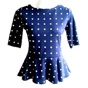 Kenar Navy and White Polka Dot Peplum Knit Stretch Top Size Medium nwt